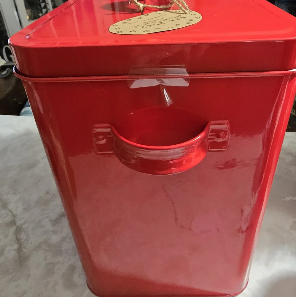 Rae Dunn Artisan SANTA PAWS Red Tin Dog Cat food storage toys collars